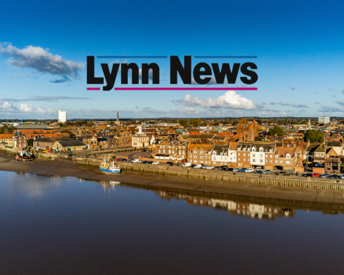 Aerial shot of King's Lynn with Lynn News logo over