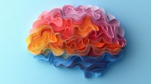 Paper-cut brain on blue background. Mental health concept.