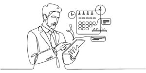 Businessman planning a schedule using a digital calendar with AI, representing smart scheduling, task automation, time management, project planning,  continuous one line drawing